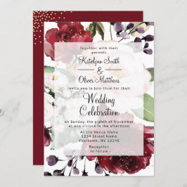 エレガントブルゴーニュ&金ゴールドフローラ水の色結婚の 招待状