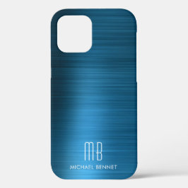 エレガントブルーのフェイクブラッシュドメタルモノグラム iPhone 12ケース
