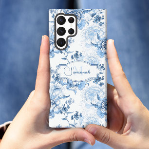 エレガントブルーの彫刻入り花柄 名前/モノグラム SAMSUNG GALAXY S22 ULTRAケース