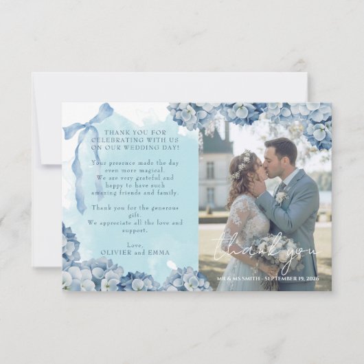 エレガントブルーアジサイの結婚式のお礼カード 出欠カード (正面)