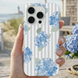 エレガントブルーアジサイ柄グレー ストライプ iPhone 15 PROケース