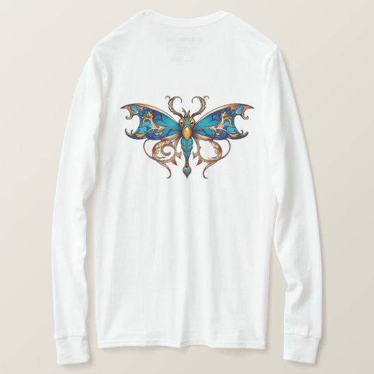 エレガントブルーゴールドフィラグリー蝶長袖T Tシャツ (デザイン裏面)