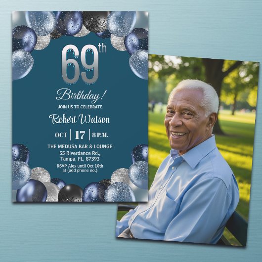 エレガントブルーシルバーグリッター69歳の誕生日写真 招待状