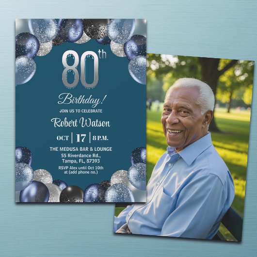 エレガントブルーシルバーグリッター80歳の誕生日写真 招待状