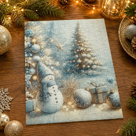 エレガントブルーシルバー雪だるまクリスマス ジグソーパズル
