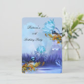 エレガントブルーバードブルーティール(緑がかった色)薄紫金ゴールド誕生日 招待状 (スタンド正面)