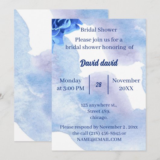 エレガントブルーフラワーカスタムズブライダルシャワー 招待状 (正面/裏面)