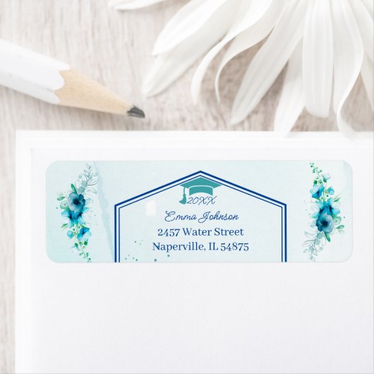 エレガントブルーフラワーパーソナライズされた差出人住所 ラベル (インサイチュ)