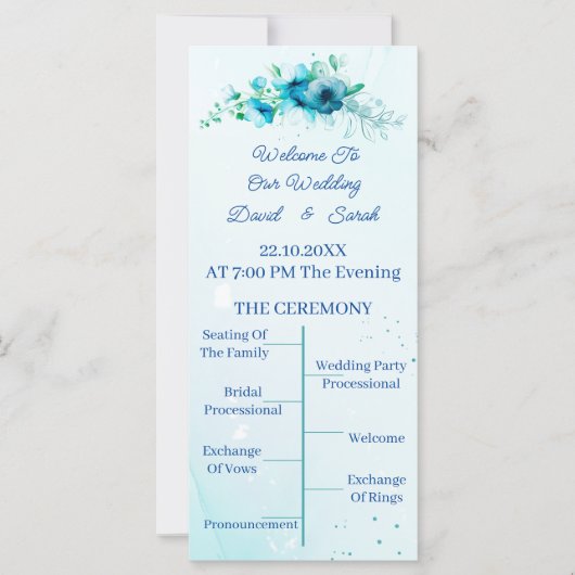 エレガントブルーフラワーパーソナライズされた結婚式 プログラム (正面)