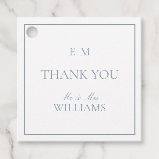 エレガントブルーモノグラムありがとうスクリプ結婚ト フェイバータグ (正面)