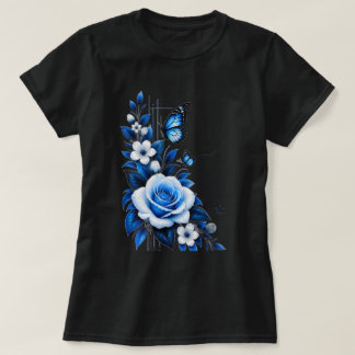 エレガントブルーローズフラワーグラフィック ブラック 女性用Tシャツ Tシャツ