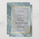 エレガントブルー大理石結婚金ゴールドミニマル 招待状 (正面/裏面)