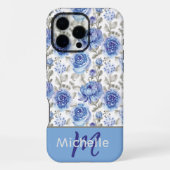 エレガントブルー水彩フラワーパターン カスタムネーム iPhoneケース (裏面)