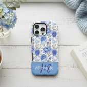 エレガントブルー水彩フラワーパターン カスタムネーム iPhoneケース