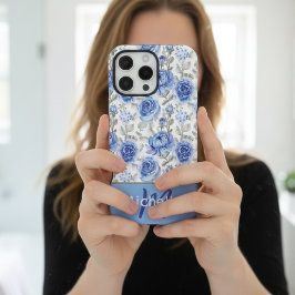 エレガントブルー水彩フラワーパターン カスタムネーム iPhone 16 PRO MAXケース