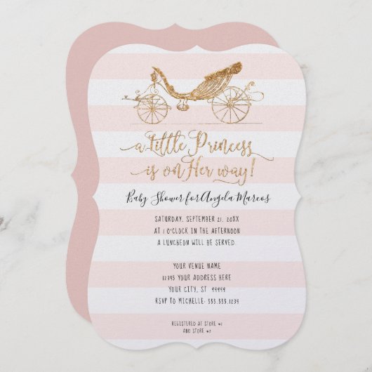 エレガントプリンセス金ゴールドベビーガールシャワー 招待状 (正面/裏面)