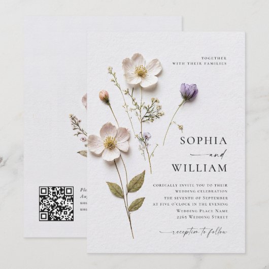 エレガントプリントプレスパステルボホフラワーズ結婚ーズ 招待状 (正面/裏面)