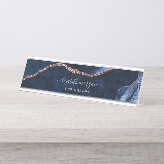 エレガントプロフェッショナルネイビーブルーバラ金ゴールドアゲート デスクネームプレート (正面)