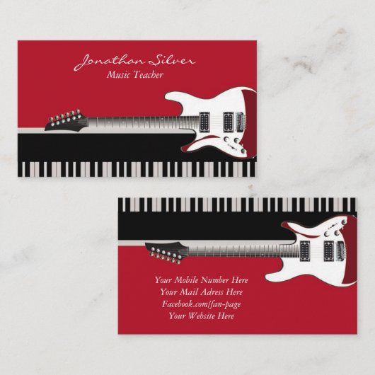 エレガントプロフェッショナルピアノ鍵&ギター音楽 名刺 (正面/裏面)