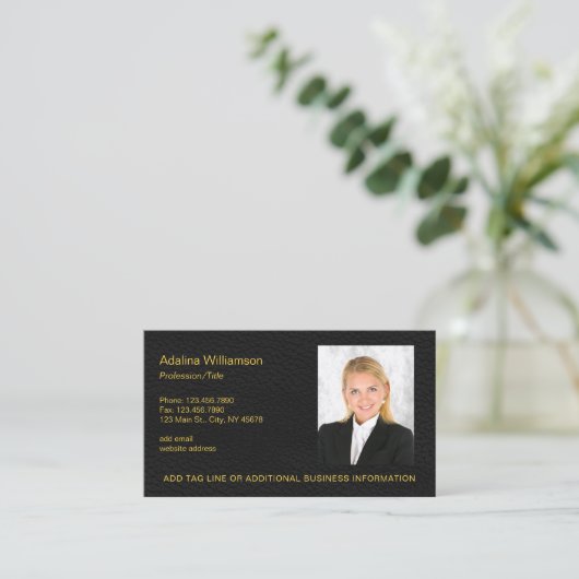 エレガントプロフェッショナルフォトフェイクブラックレザー 名刺 (スタンド正面)