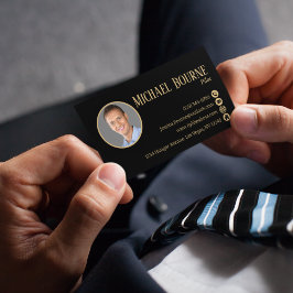 エレガントプロフェッショナルフォトブラック金ゴールドQRコード 名刺