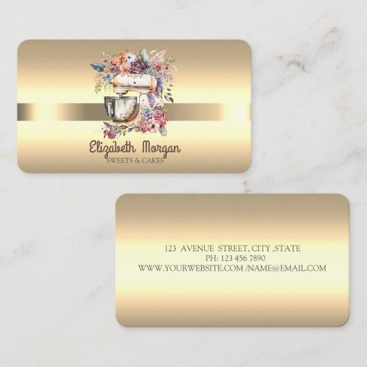 エレガントプロフェッショナルフローラミキサストライプ金ゴールド 名刺 (正面/裏面)