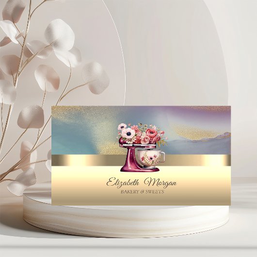 エレガントプロフェッショナルフローラレッドミキサベーカリー金ゴールド 名刺