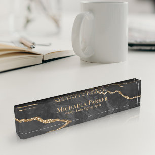 エレガントプロフェッショナルブラック&金ゴールドアゲイト デスクネームプレート