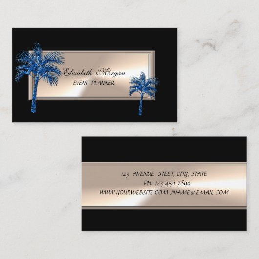 エレガントプロフェッショナル、ブラック、グリッターパームツリー 名刺 (正面/裏面)