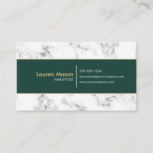 エレガントヘアスタイリストサロングリーン金ゴールド縁ど大理石 名刺 (正面)