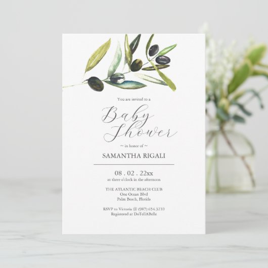 エレガントベビーシャワー招待状水彩オリーブ 招待状 (スタンド正面)