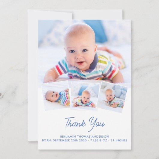エレガントベビーパーソナライズされた4フォトコラージュ生まれたばかりの サンキューカード (正面)