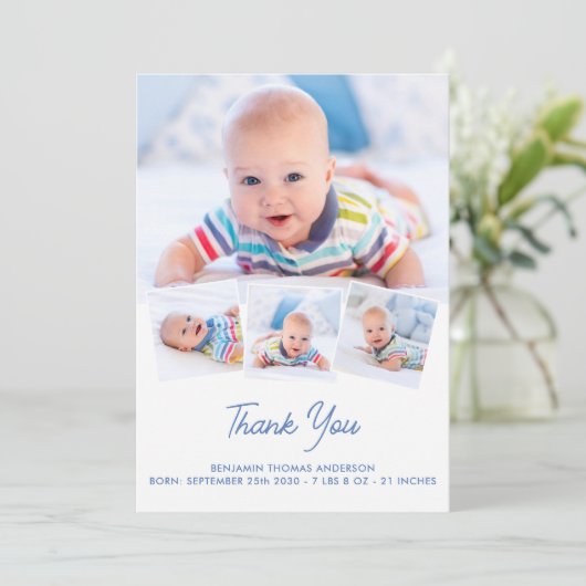 エレガントベビーパーソナライズされた4フォトコラージュ生まれたばかりの サンキューカード (スタンド正面)
