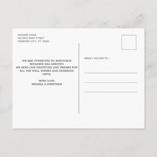 エレガントベビーパーソナライズされた4フォトコラージュ誕生 案内ポストカード (裏面)