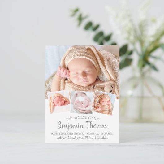 エレガントベビーパーソナライズされた4フォトコラージュ誕生 案内ポストカード (スタンド正面)