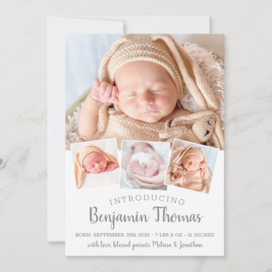 エレガントベビーパーソナライズされた4フォトコラージュ誕生 案内状 (正面)