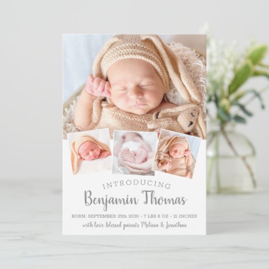 エレガントベビーパーソナライズされた4フォトコラージュ誕生 案内状 (スタンド正面)
