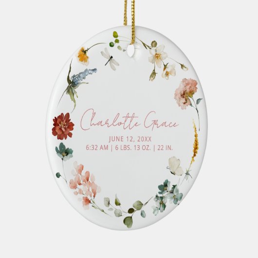 エレガントベビーフォトピンクガーデンフラワーズ誕生統計 セラミックオーナメント (右)