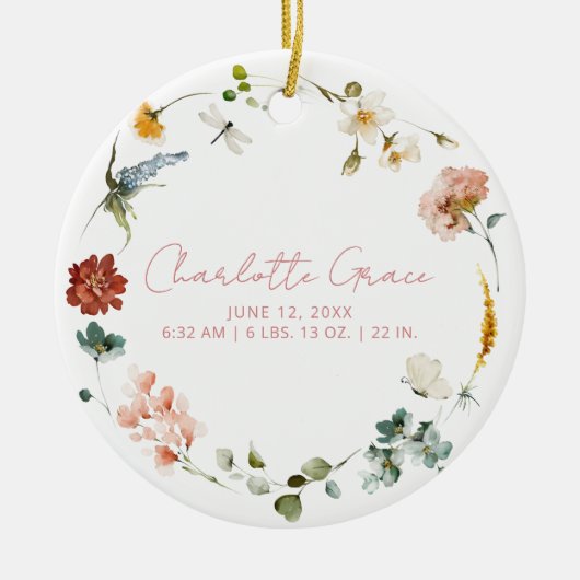 エレガントベビーフォトピンクガーデンフラワーズ誕生統計 セラミックオーナメント (正面)