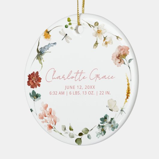 エレガントベビーフォトピンクガーデンフラワーズ誕生統計 セラミックオーナメント (左)