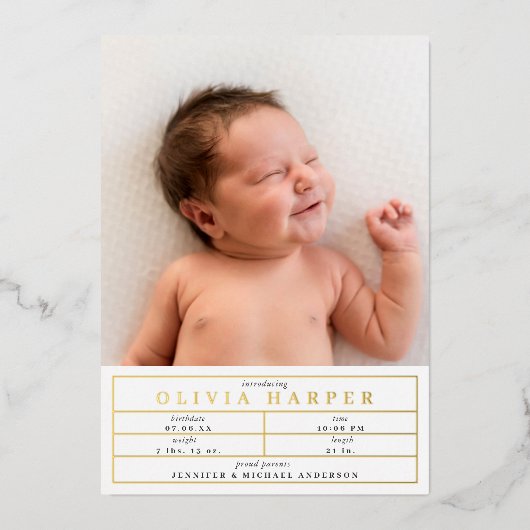 エレガントベビー統計フォト誕生発表FOIL 箔招待状 (正面)