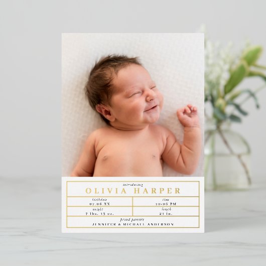 エレガントベビー統計フォト誕生発表FOIL 箔招待状 (立ち正面)