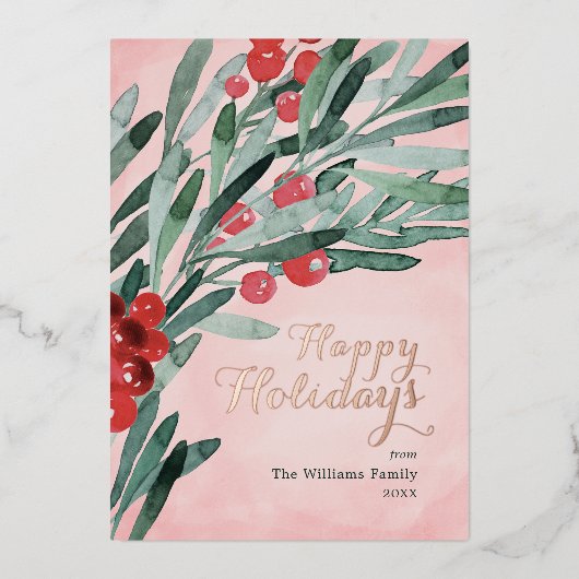 エレガントベリーハッピーホリデーズクリスマスカード 箔招待状 (正面)