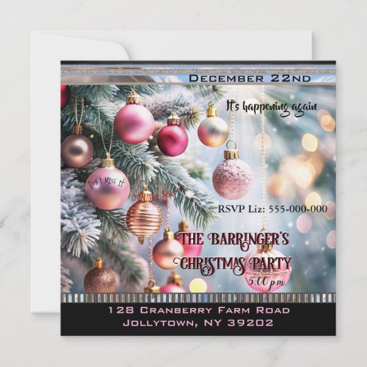 エレガントホリデーピンクビューティフルクリスマスパーティー 招待状 (正面)