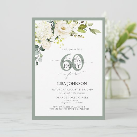 エレガントホワイトグレーグリーンフローラ60誕生日 招待状 (スタンド正面)