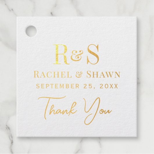 エレガントホワイトシモダンックモノグラム結婚の金ゴールド フェイバータグ (正面)