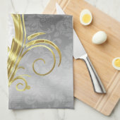 エレガントホワイトダマスク金ゴールド&シルバースワール キッチンタオル (四つ折り)