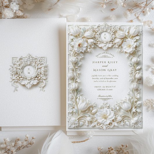 エレガントホワイトチューリップフェイクエンボス 招待状