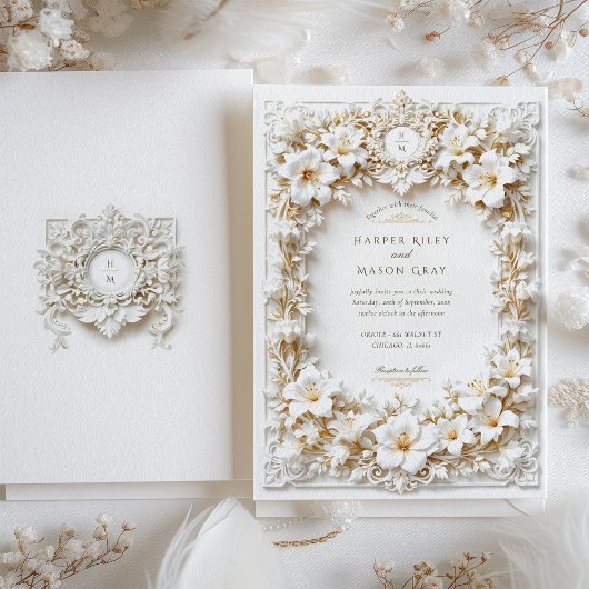 エレガントホワイトハイビスカスフェイクエンボス 招待状