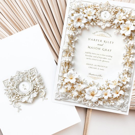 エレガントホワイトハイビスカスフェイクエンボス 招待状